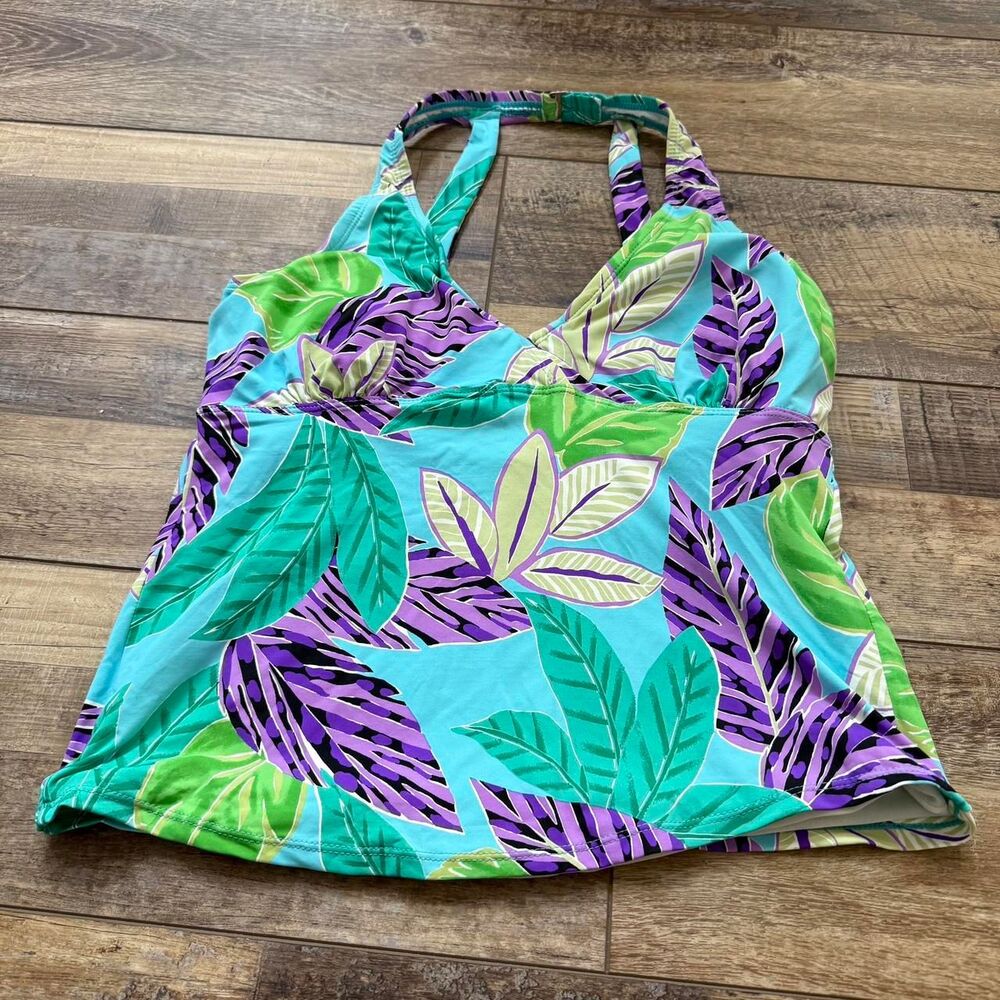 ISLAND ESCAPE Sz 10 Large Halter Swimwear Women's Blue Purple Teal Tankini Top